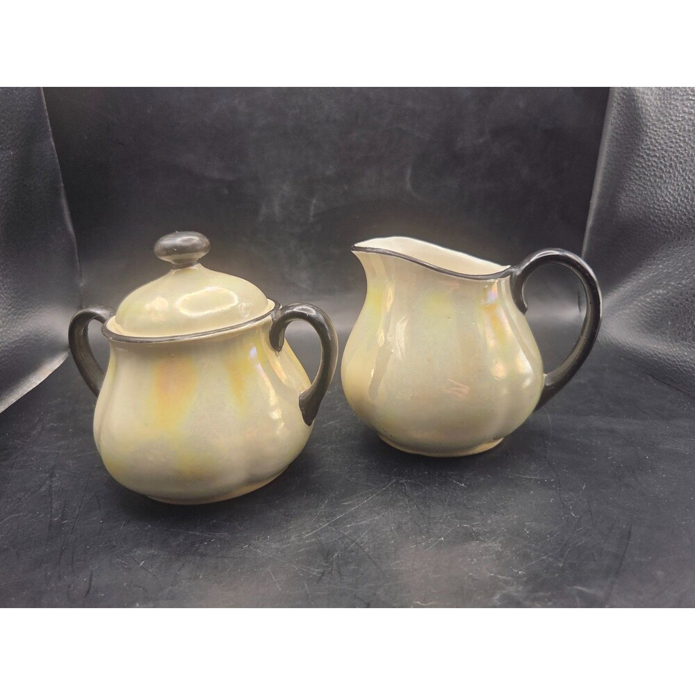 Vtg Czechoslovakian Creamer & Sugar Porcelain Lustreware Yellow & Black 1920's